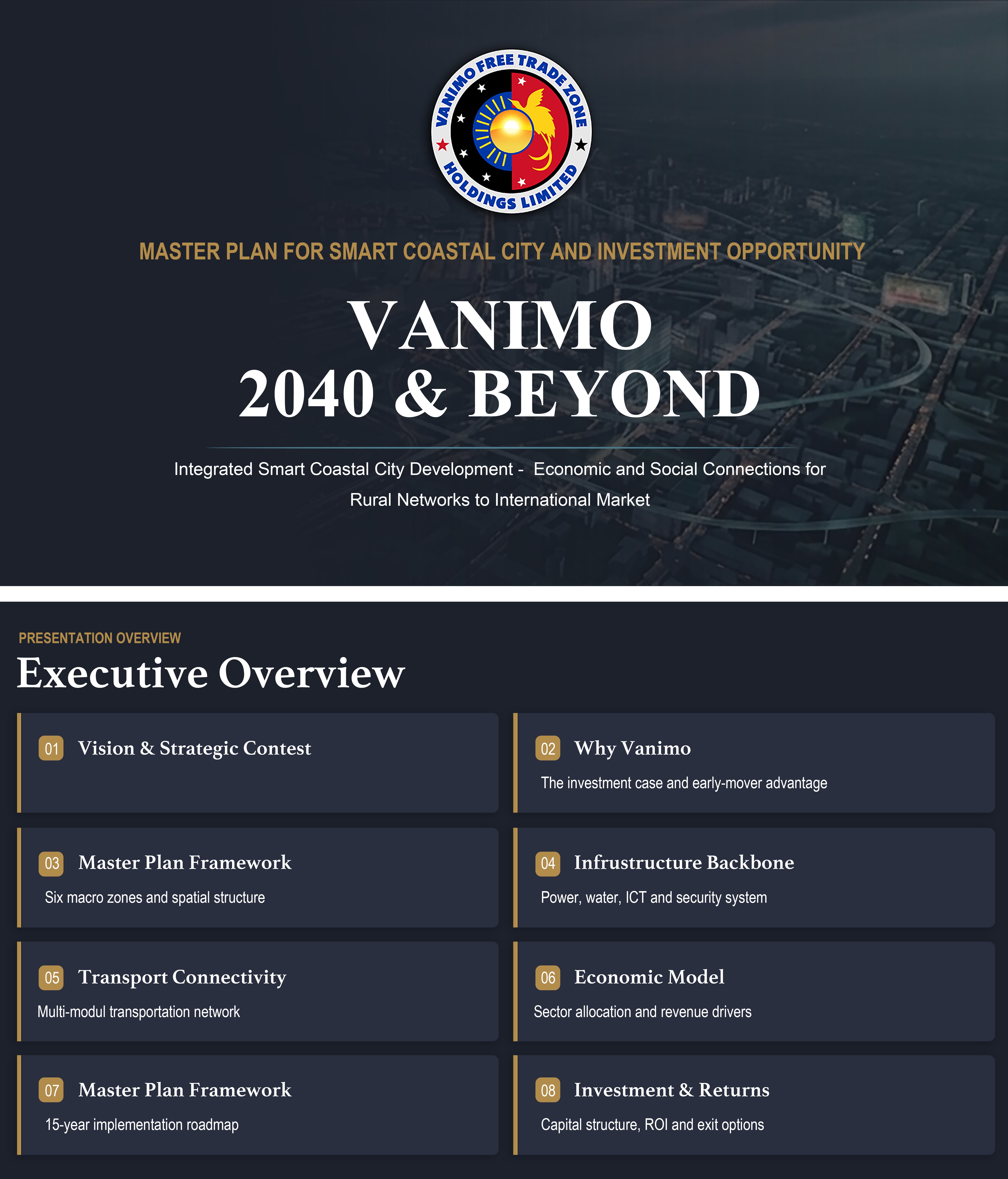 Vanimo 2040 master plan overview — vision, macro zones, infrastructure, transport, economic model and investment returns